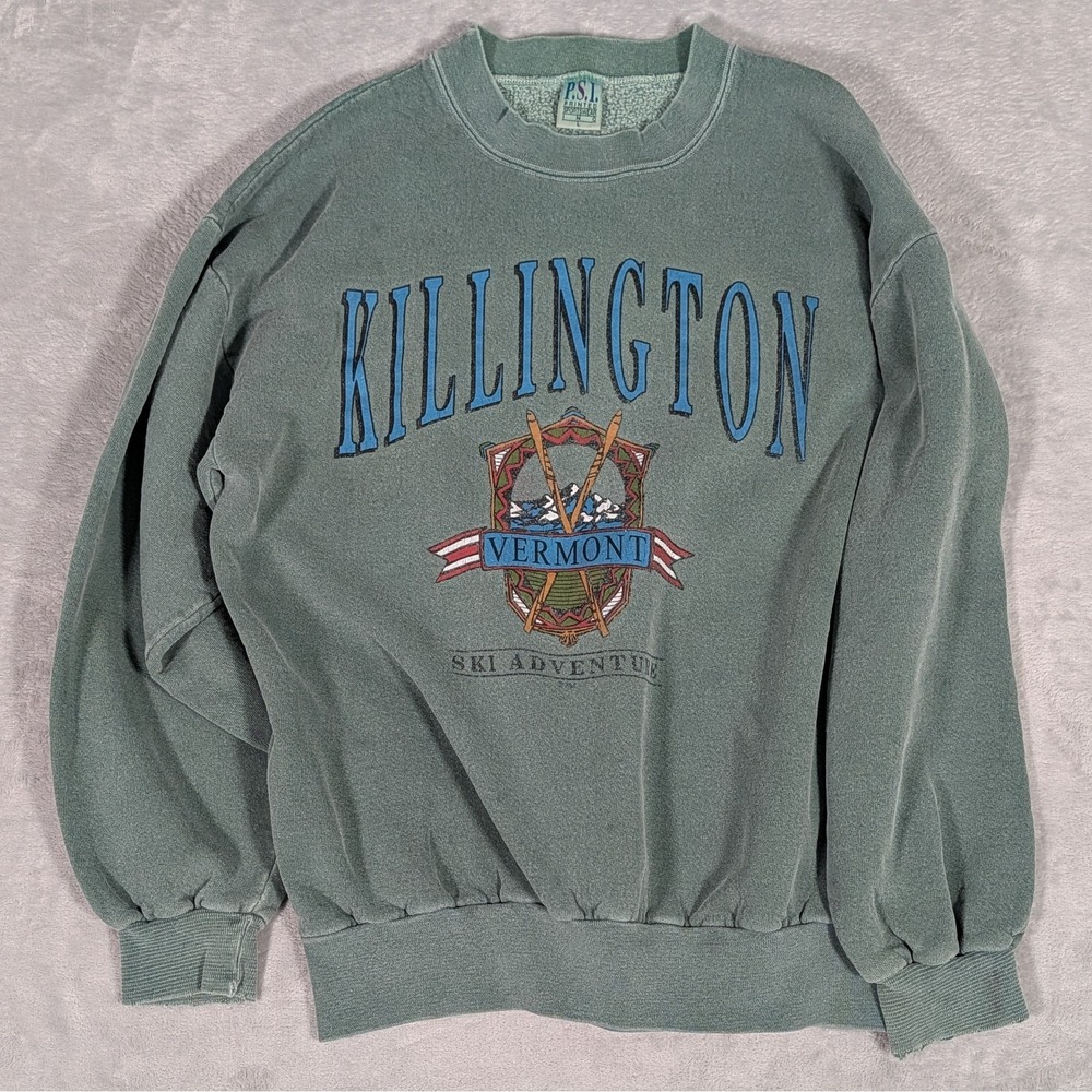 Vintage 80s P.S.I. Killington Vermont Ski Sweatshirt Green Distressed Men Large